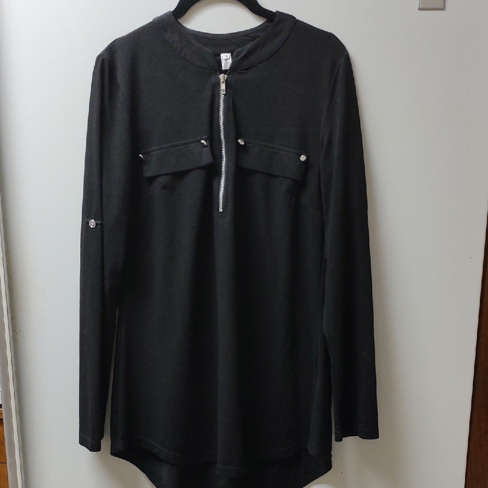 Black Long Sleeve Zip-Up Tunic Top